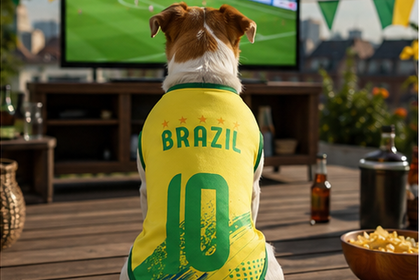 Chien avec maillot du Brésil en ambiance match