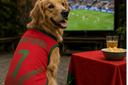 Chien avec maillot du Portugal dans un bar