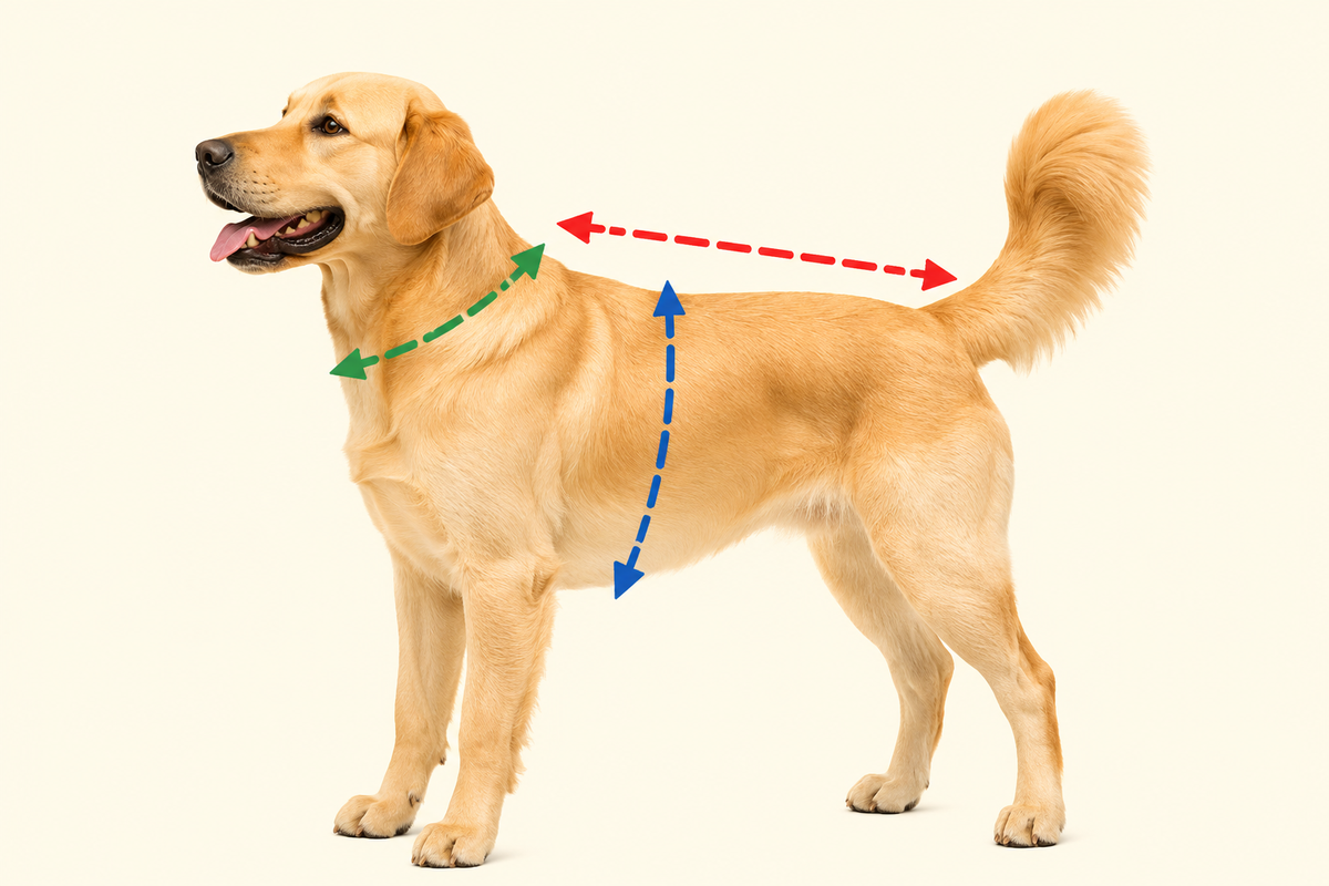 Chien avec repères de mesure pour choisir la bonne taille