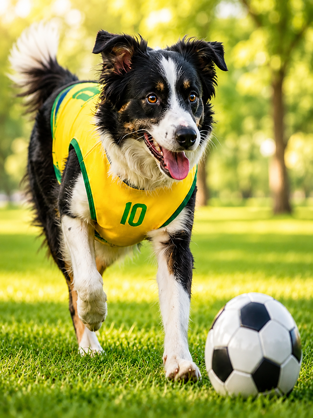 Chien avec maillot Brésil dans un parc