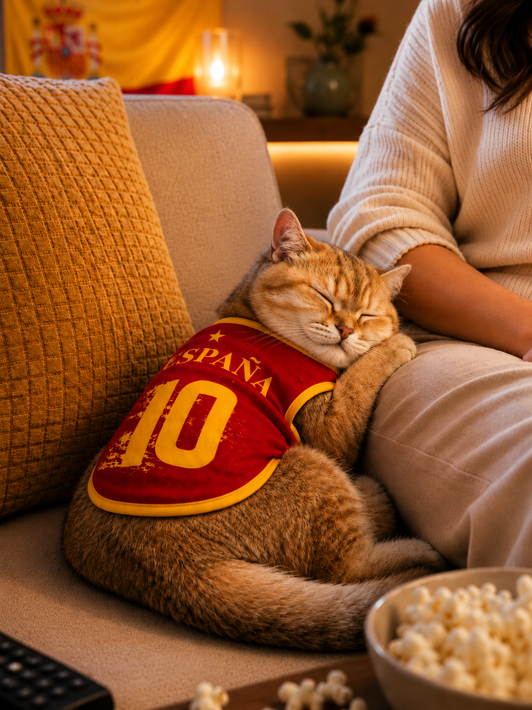 Chat avec maillot Espagne sur un canapé