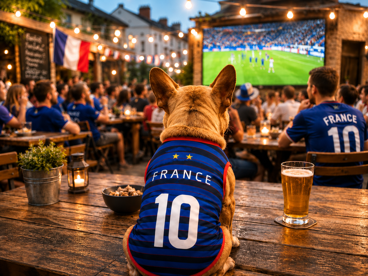 Chien avec maillot France au café